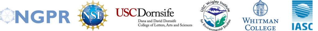 Logos for NPGR, NSF, USC Dornsife, USC Wrigley Institute, Whitman College and IASC.