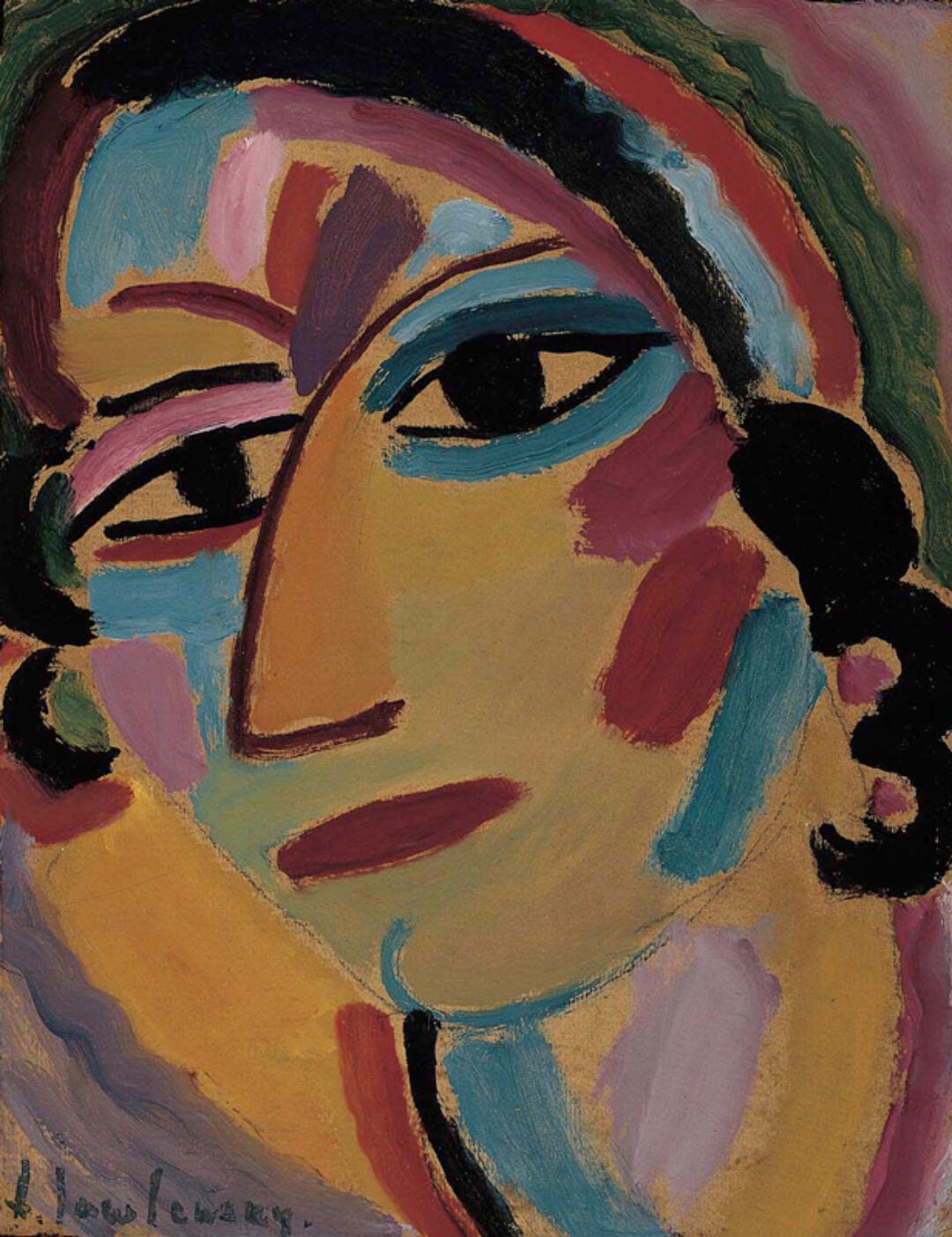 Alexei Jawlensky (Russian, 1864–1941), Mystical Head: Galka, 1917, oil and pencil on tan textured cardboard, Norton Simon Museum, The Blue Four Galka Scheyer Collection