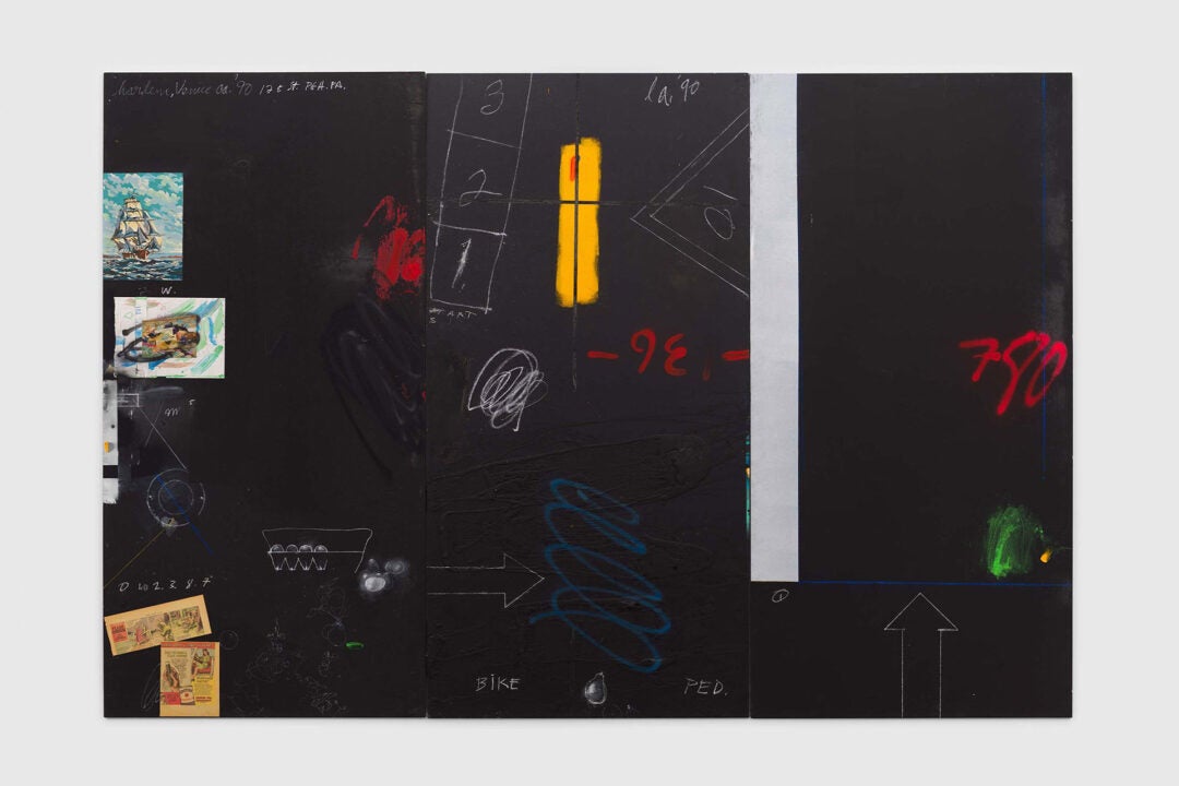 Raymond Saunders, Untitled, 1990, Mixed media on wood, Triptych, Each: 96 x 48 inches (243.8 x 121.9 cm), Overall: 96 x 144 inches (243.8 x 365.8 cm)