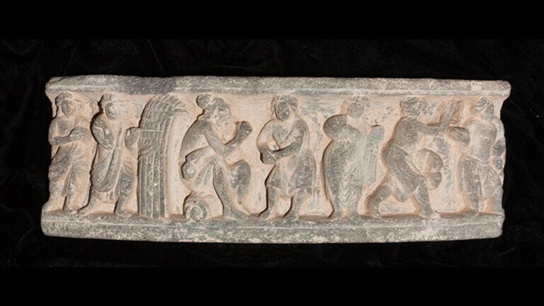 Stone carving sculptures from the Gandharan Relief Project illustrating a Visit to the Ascetic.