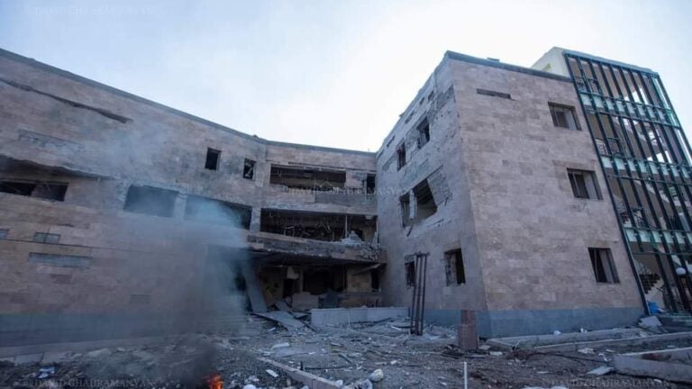 Damage to Stepanakert's medical center on Oct. 28.Photo by David Ghahramanyan.