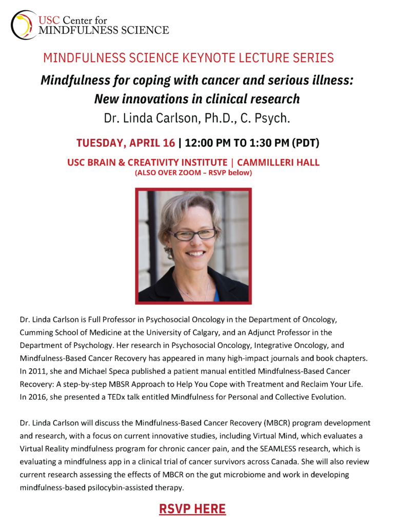Event flyer for Linda Carlson PhD, Apr 16 2024