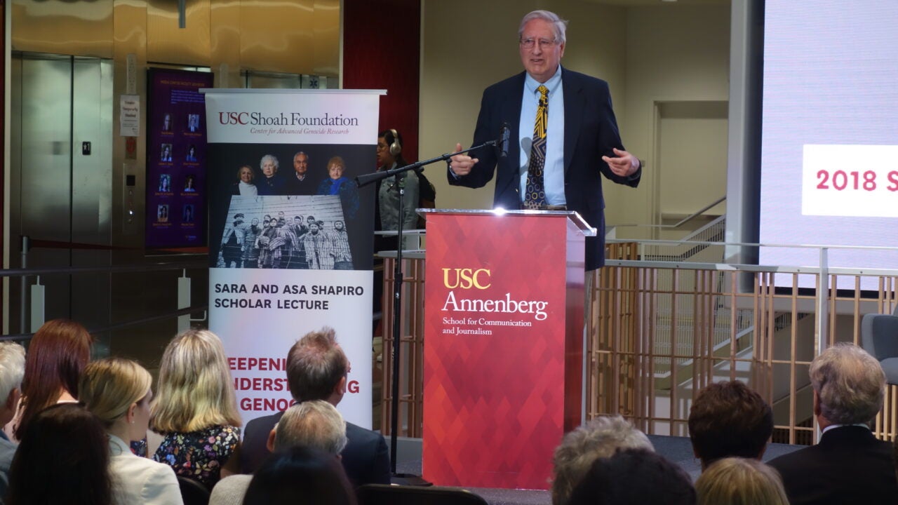 Christopher Browning speaks at his lecture in the Wallis Annenberg Hall Forum.