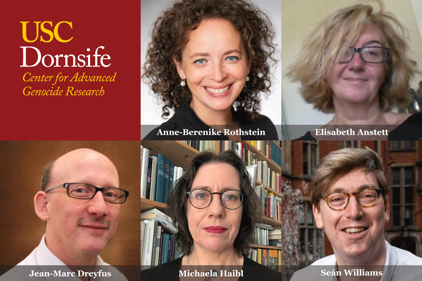 A collage of the center logo and research team headshots. Clockwise, Anne-Berenike Rothstein, Elisabeth Anstett, Seán Williams, Michaela Haibl, and Jean-Marc Dreyfus.