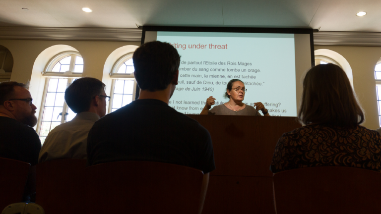 Photo of Beatrice Mousli, 2016 Faculty Summer Research Fellow, presenting in Doheny Library.