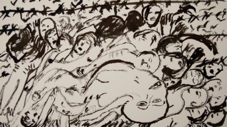 An ink painting by Holocaust survivor Ceija Stojka of her experiences as a Roma child in Auschwitz. She uses black ink on paper, using rough and textured strokes to depict a mound of bodies piled in front of barbed wire. A woman's body dominates the center of the painting. She is misshapen and swollen, facial features barely recognizable, eyes open. The rest of the bodies have their eyes closed, or are turned away, or obscured under other bodies.