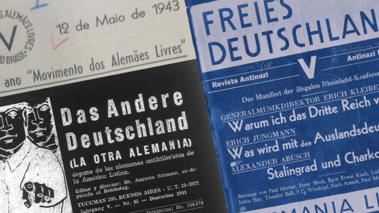 A collage of three historical anti-Nazi periodicals from the Americas: the Movimento dos Alemães Livres association in Brazil, the Das Andere Deutschland movement in Argentina, and the Freies Deutschland Magazine in Mexico.