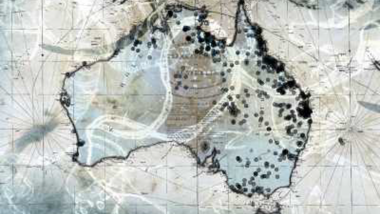 A multimedia map created by Indigenous Australian artist Judy Watson and her collaborators documenting the massacre sites of Indigenous Australians across Australia. Dots line the coastline and the interior.