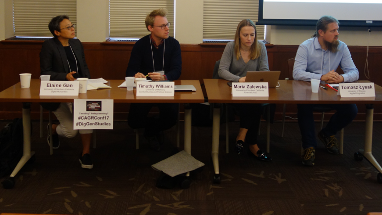Panelists speak at the conference, Digital Approaches to Genocide Studies. From left to right, Elaine Gan, Timothy Williams, Maria Zalewska, and Tomasz-Lysak.