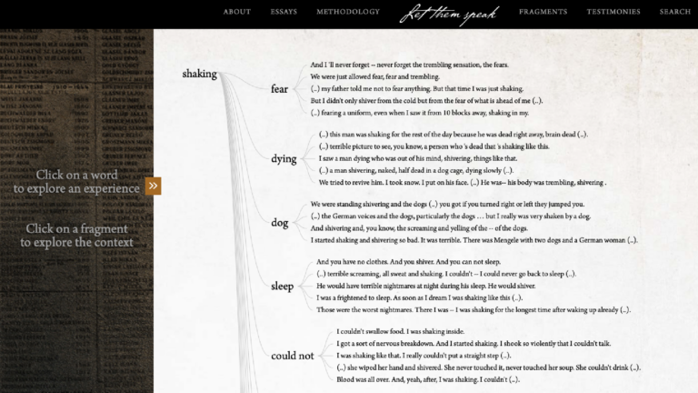 A screenshot from the Let Them Speak website. Various words are connected to each other with curved lines. The word shaking connects to fear and dying and other words, which in turn are connected to excerpts from testimony.