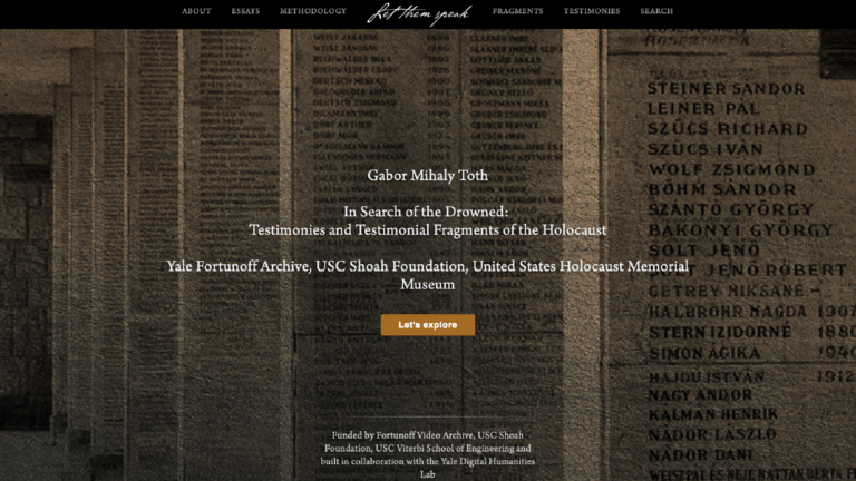 A screenshot from the Let Them Speak homepage. The background image is a modified photograph of a Holocaust wall of names memorial.