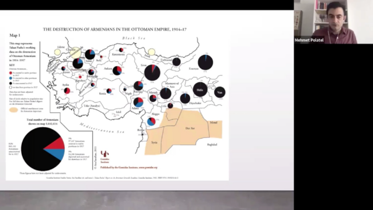 Screenshot of Mehmet Polatel's online Zoom lecture. There is a data visualization displayed on the screen, labeled, 