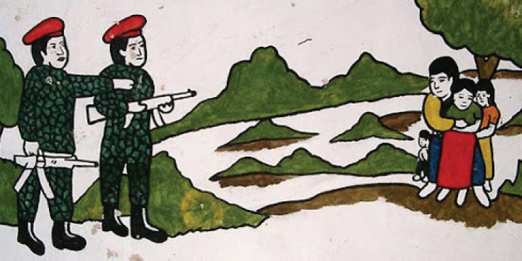 An illustration by Jesús Tecú Osorio, survivor of the Río Negro Massacres, depicting the atrocities he witnessed. Two armed men in uniform order men, women, and children to stand against a tree. The artwork is illustrated with thick black lines and simple, brightly colored paints.