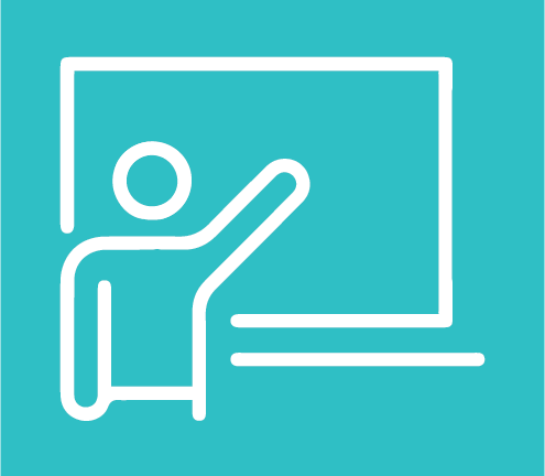 White line illustration of a person standing at a board against a teal background.