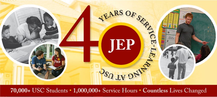 Banner statement: Celebrating 4 years of service-learning at USC with over 70,000 USC students, 1,000,000+ service hours, and countless lives changed