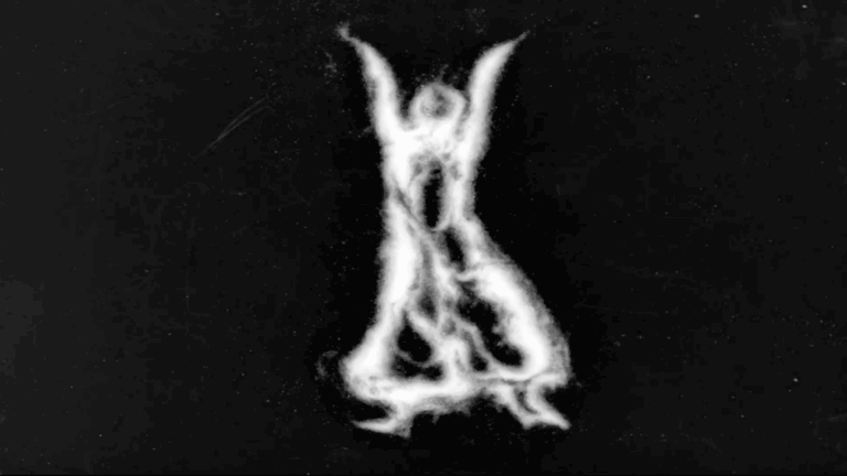 Ghostly image of a white figure against a black background.