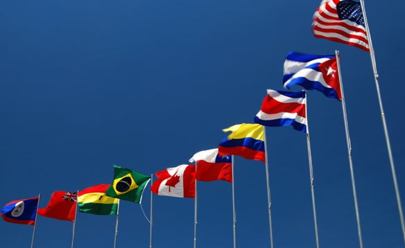 A row of international flags waving in the wind