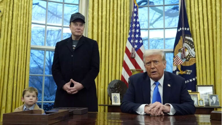 President Trump speaks as he is joined by Elon Musk, and his son X Æ A-Xii, in the Oval Office at the White House on Feb. 11 in Washington. (Source: Alex Brandon / Associated Press)