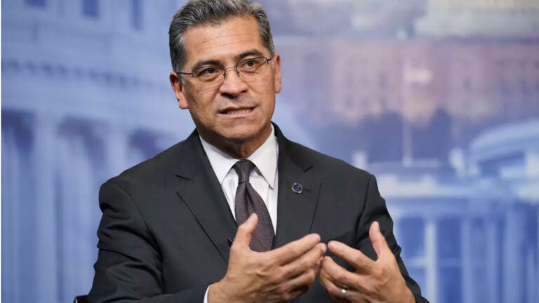 Former Health and Human Services Secretary Xavier Becerra speaks during an interview in Washington in 2022. (Source: Jacquelyn Martin / Associated Press)