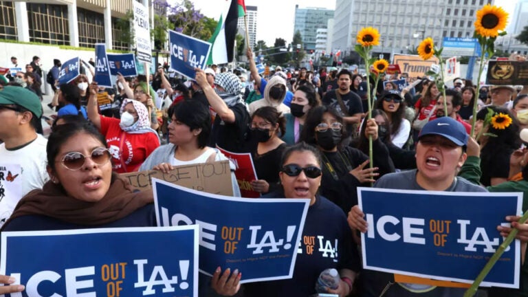 Activists protest in downtown Los Angeles in early June, when immigration raids set off protests, prompting President Trump to order thousands of troops into the city. (Source: Genaro Molina/Los Angeles Times)