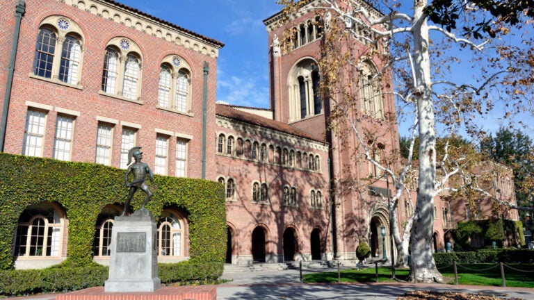 The iconic Tommy Trojan statue outside of USC’s Bovard Administration Building. (Photo courtesy of Chris/Flickr)