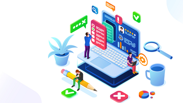 Illustration of office icons surrounding office workers