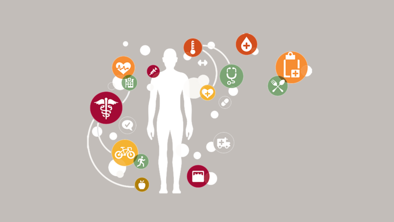 Illustration of everyday icons surrounding a human silhouette