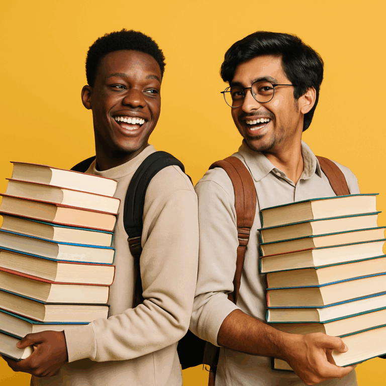 Two male college students carrying piles of books
