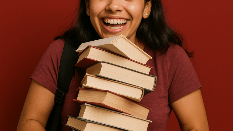 Female college students carrying a pile of books.