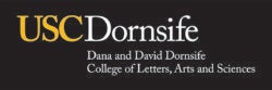 Gold USC and white Dornsife Dana and David Dornsife College of Letters, Arts and Sciences on a black background