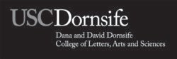 Gray USC and white Dornsife Dana and David Dornsife College of Letters, Arts and Sciences on black background
