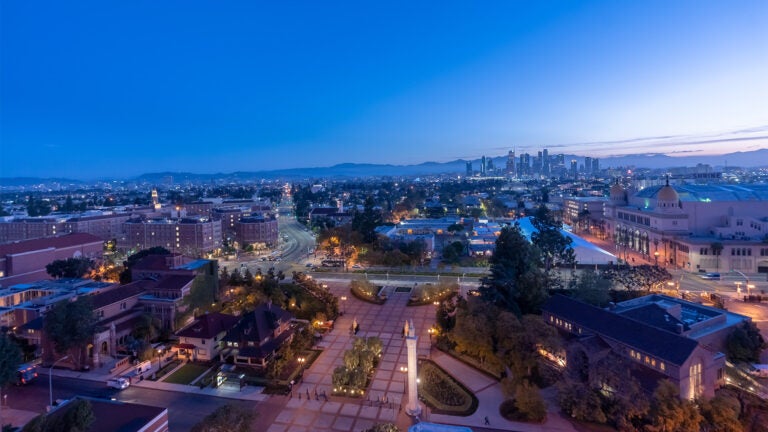 A aerial view of the USC campus and downtown LA.