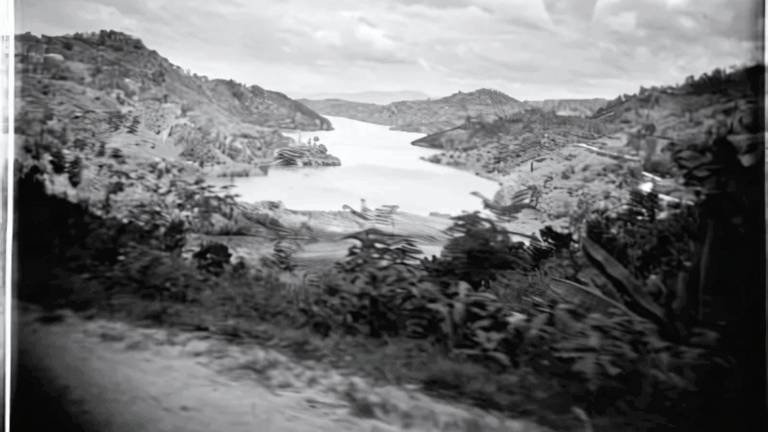 A black-and-white photo of a rural landscape with hills and trees.