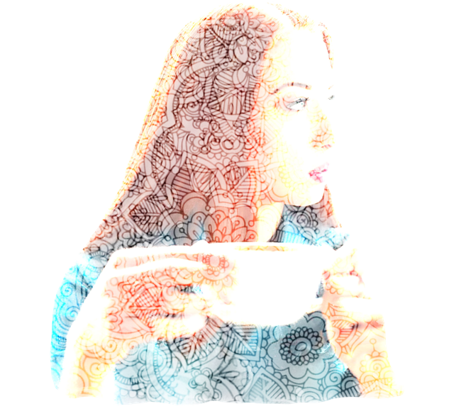 Illustration of a woman with curly hair holding a coffee cup.