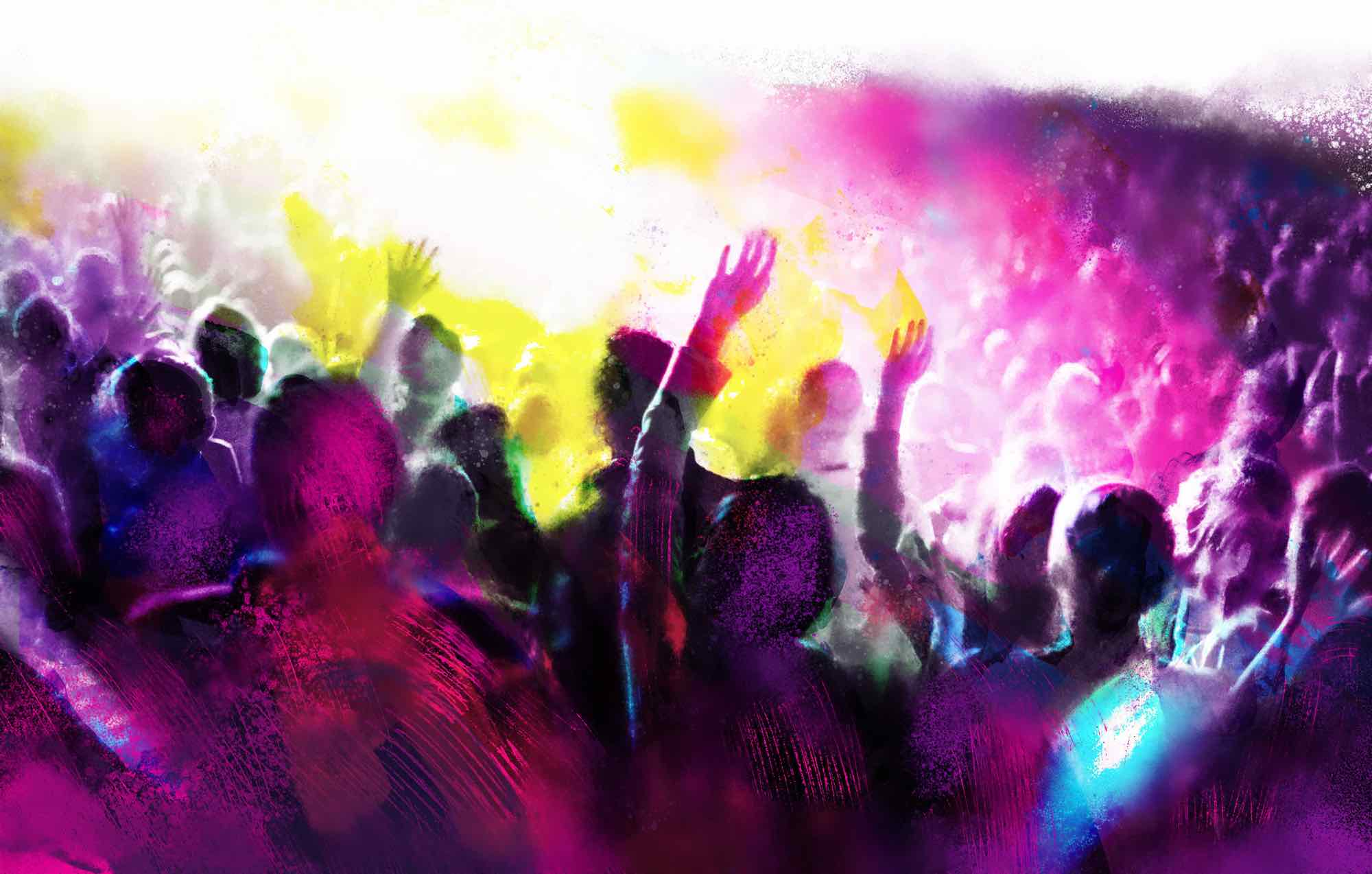 Colorful illustration of people with raised hands in a crowd.