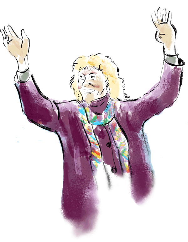 Illustration of a person with arms raised, wearing a scarf.