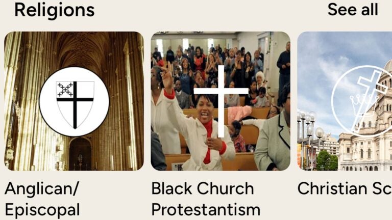 Screenshot of Disasters and Religions App with images of Anglican/Episcopalian, Black Church Protestant, Christian Scientist visible