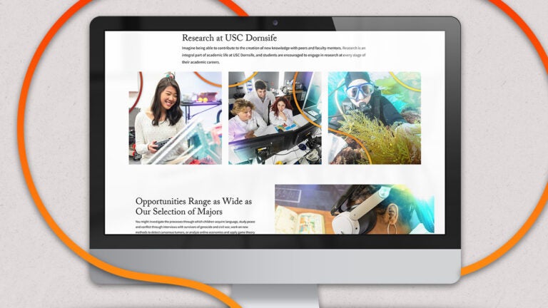 USC Dornsife Admissions website graphic elements on a computer mockup