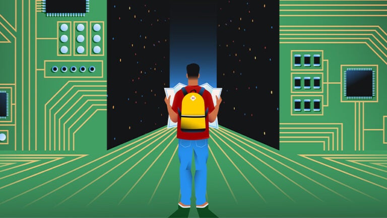 Illustration of a person standing inside a computer holding a map.