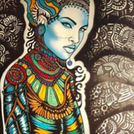 a bright colored mural image of a seated woman in front of patterns of black lines