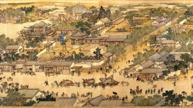 Old drawing of a bustling town in East Asia.