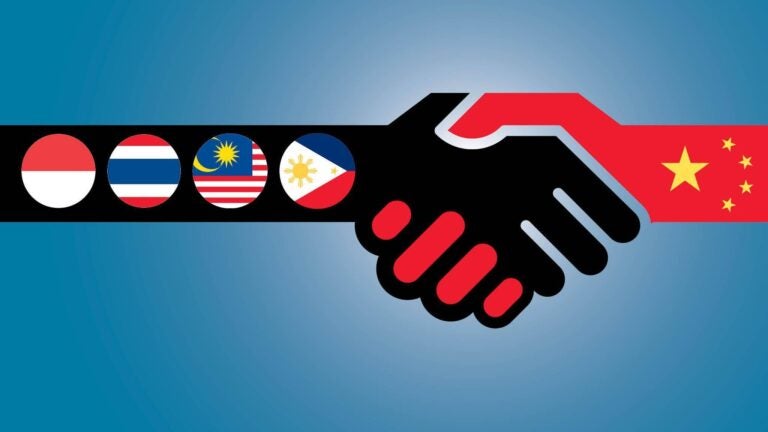 Illustration of two hands shaking. The left hand contains the flags of Indonesia, Thailand, Malaysia, and the Philippines. The right hand contains the flag China.
