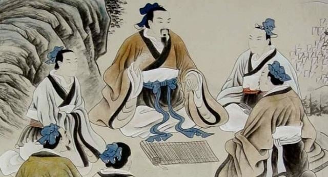 Traditional artwork of multiple men gathered around, sitting.