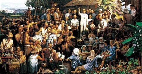 Artwork of a large crowed of people with produce looking up at a man in a white suit.