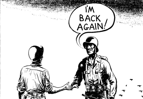 A cartoon of two soldiers shaking hands. One of the soldiers says, 