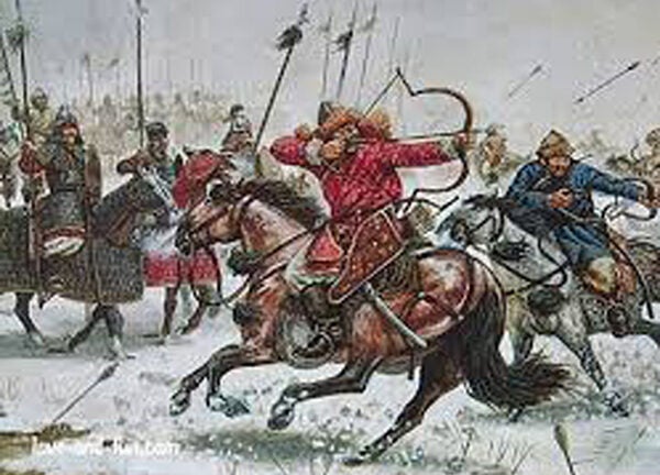 Painting of a battle. Soldiers are riding on horses in the snow. The soldiers in the front are shooting arrows from a bow The soldiers in the back are holding spears.