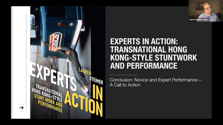 Lauren Steimer presents a title slide on Zoom. The slide features the cover of the book Experts in Action: Transnational Hong Kong-Style Stunt Work and Performance.
