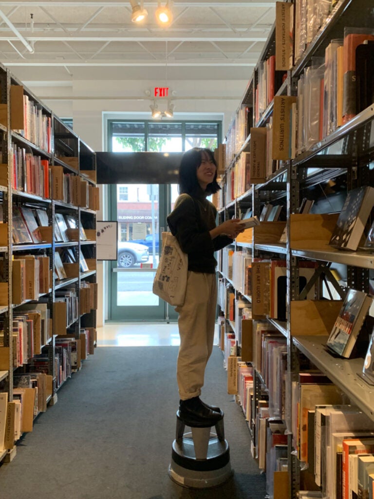 Fiona in a bookstore