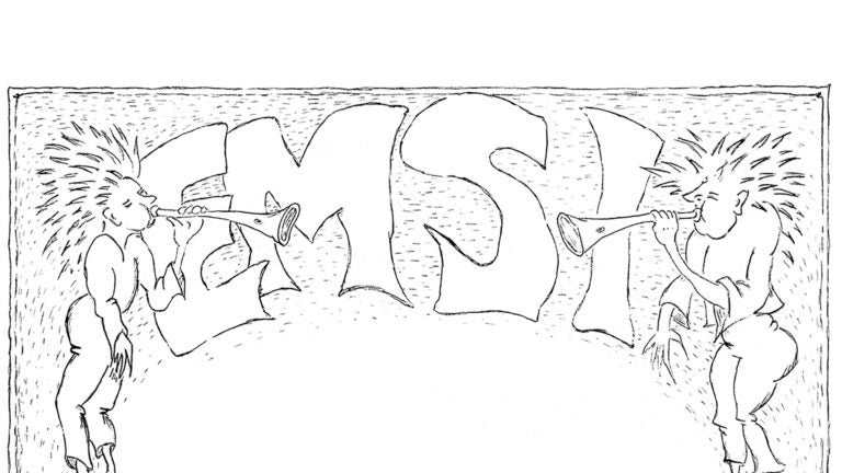 Banner that reads EMSI flanked by minstrel figures