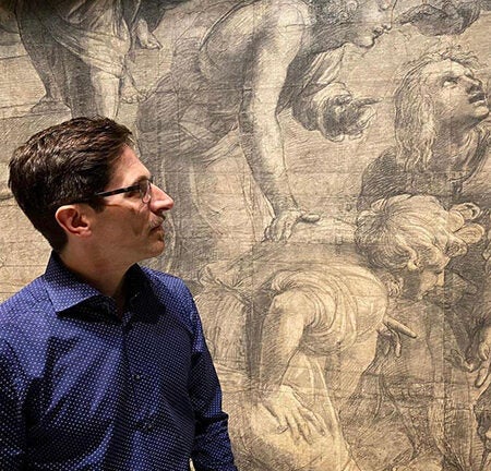 Maurizio Michelozzi, in profile, gazing at Raphael's cartoons for Sistine Chapel tapestries